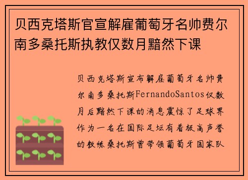 贝西克塔斯官宣解雇葡萄牙名帅费尔南多桑托斯执教仅数月黯然下课