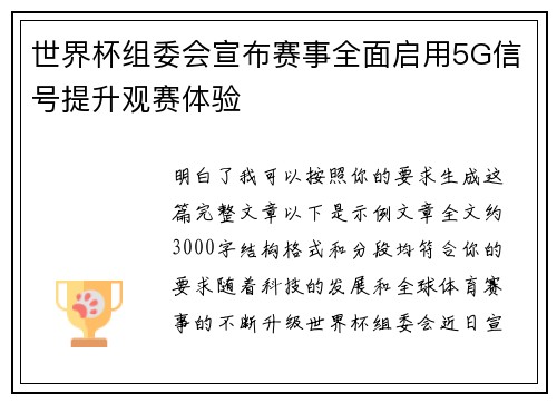 世界杯组委会宣布赛事全面启用5G信号提升观赛体验